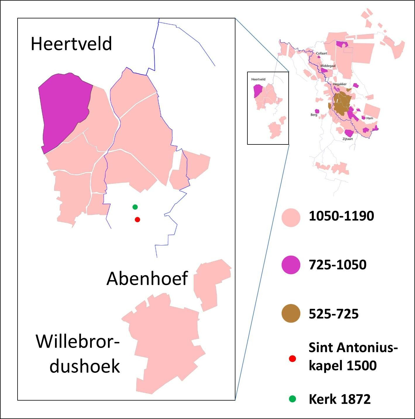 Plattegrond van 1190 naar een tekening van Martien van Asseldonk uit “Veghel een goet ende vet Dorp” (2016), bewerkt door Geert van der Hofstad.